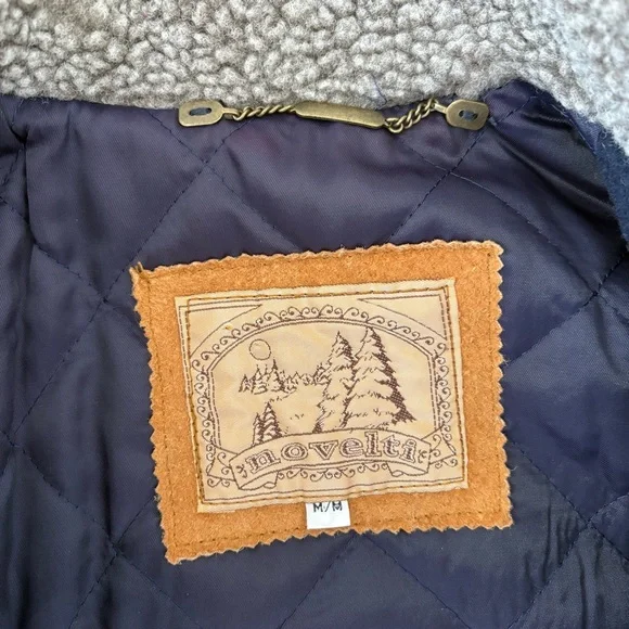 VTG Novelti 100% Leather Wool Tan Blue Insulated Ranch Jacket. Women Sz M - Picture 14 of 16